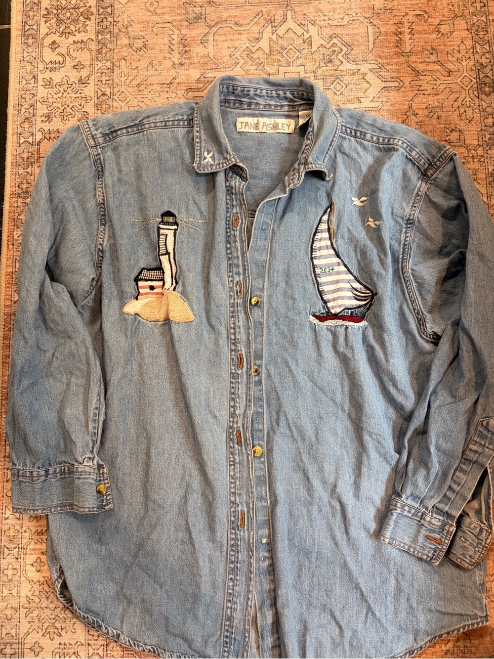 Vintage Jane Ashley Light Blue Denim Shirt with Nautical Embroidery 100% cotton